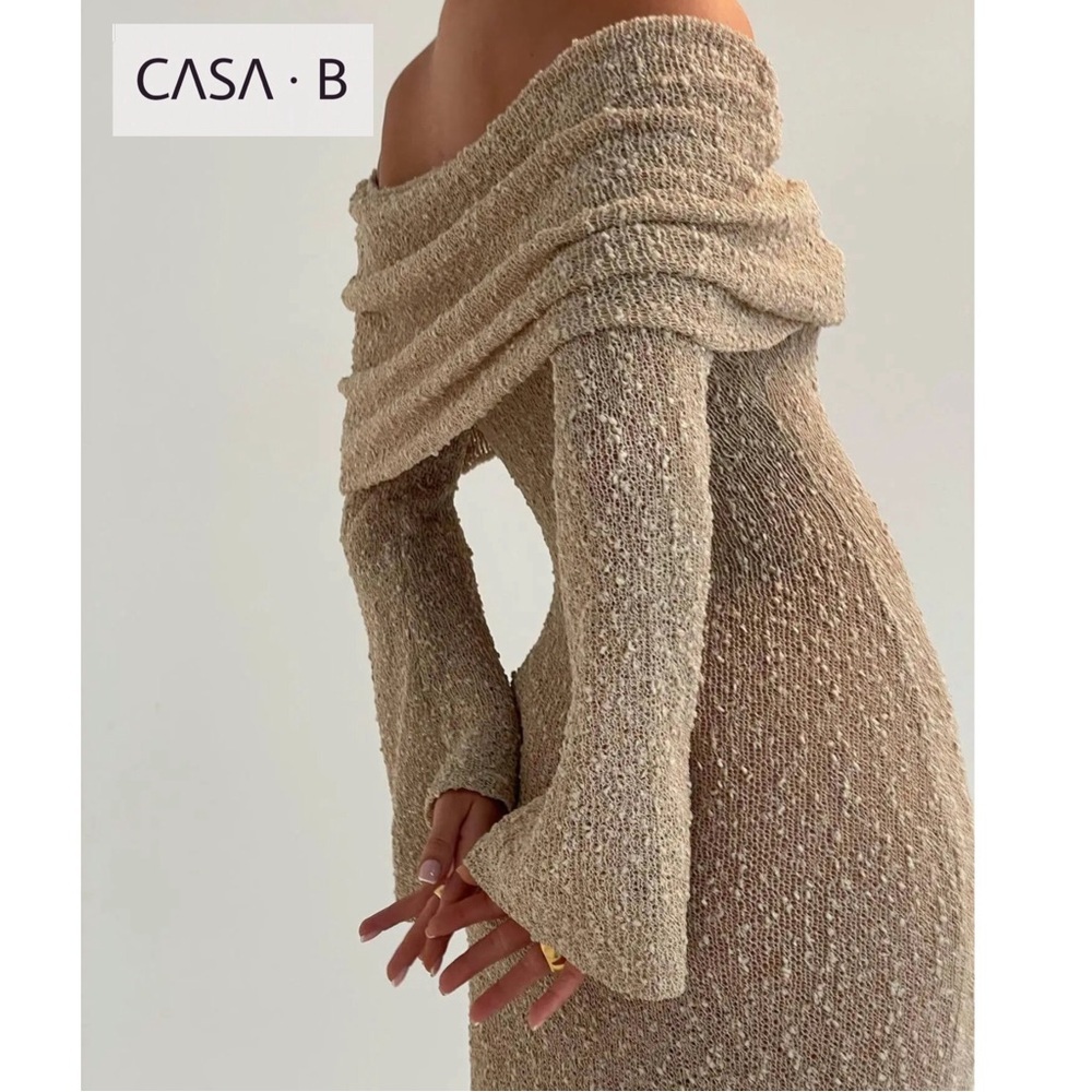 NEW to CASA B💫| Soriana Off the Shoulder Boucle Long Sleeve Draped Maxi Dress - Picture 6 of 13